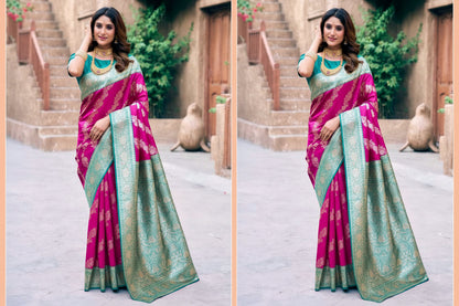 Woman wearing a pink and green saree with 'Gobuni' branding in the corner.