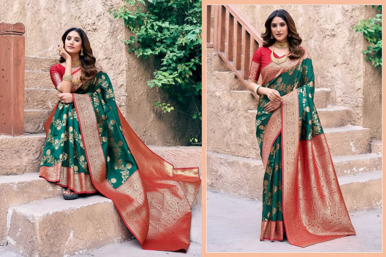 Woman in a green and red saree with gold patterns, standing on steps with greenery in the background. Brand 'Gobuni' visible.