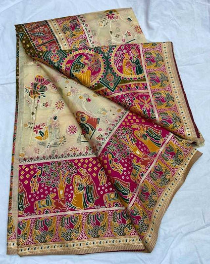 Colorful traditional fabric with intricate patterns on a white background