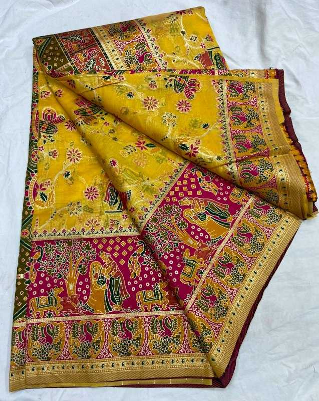 Colorful traditional saree with intricate patterns on a white background