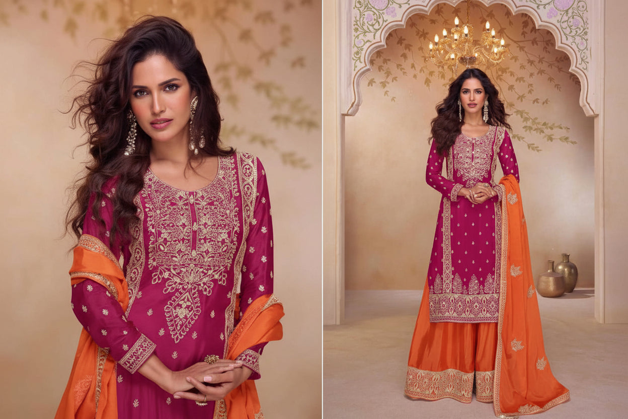 Woman wearing a pink and orange traditional outfit with intricate designs, standing in an ornate room.