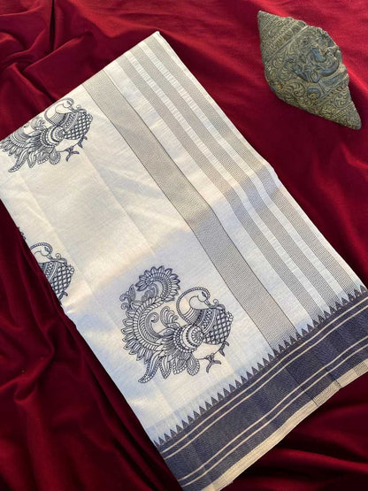 White fabric with blue patterns on a red background