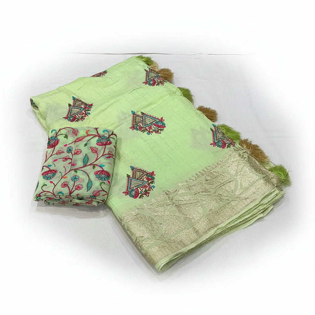 A folded mint green georgette fabric set with embroidered motifs and tassels, shown on a white background with a matching embroidered fabric piece and text details.