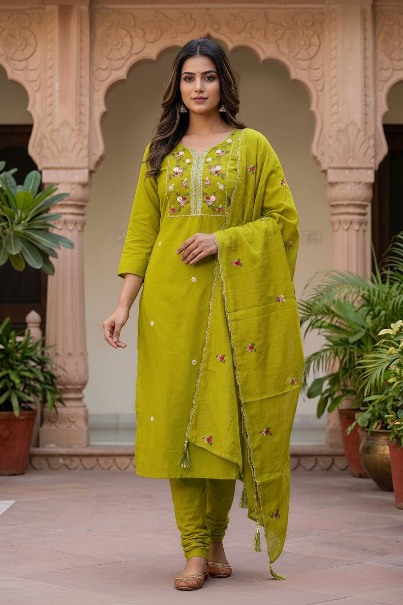 Woman wearing a green traditional outfit with floral embroidery in an outdoor setting.