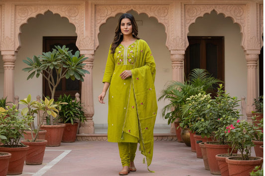 Woman wearing a green traditional outfit with floral embroidery in an outdoor setting.
