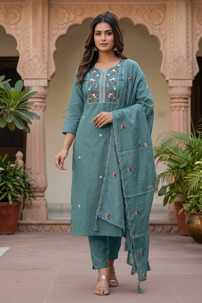 Woman wearing a teal traditional outfit with floral embroidery in an outdoor setting.