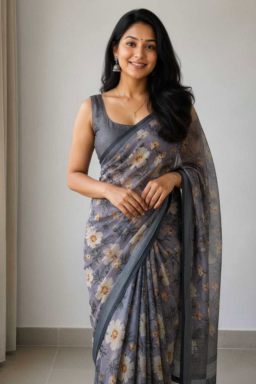 Woman wearing a floral saree taking a mirror selfie.