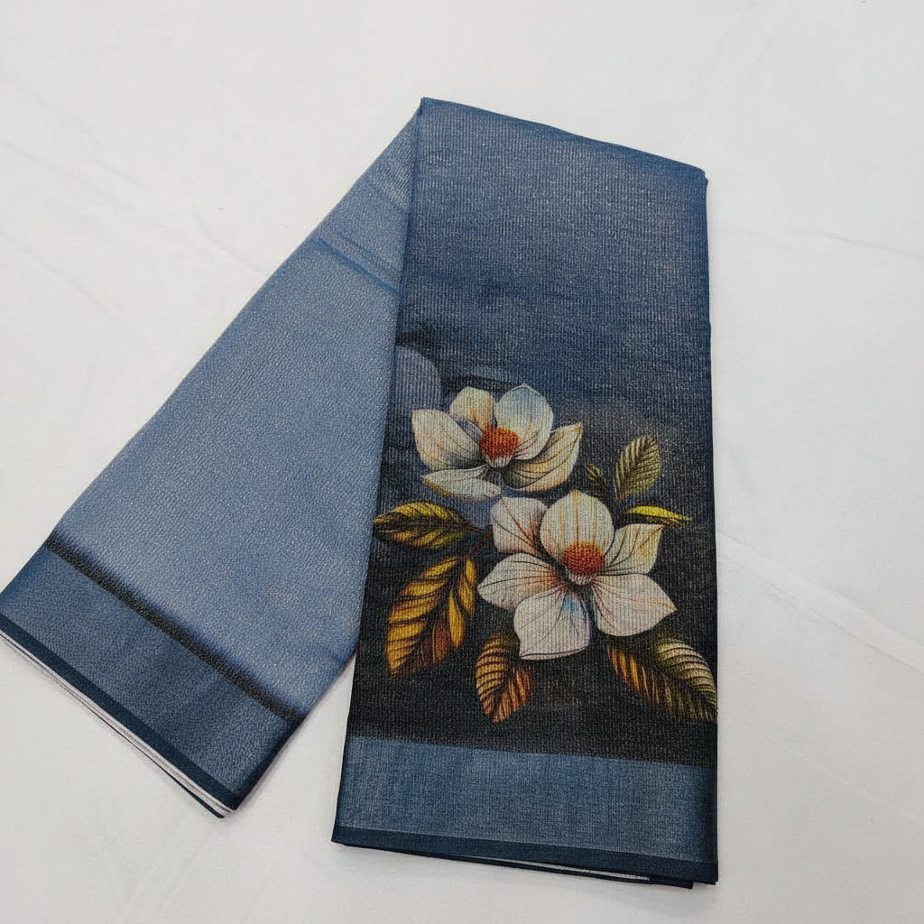 Floral design on a blue fabric with 'Ready Stock' label.