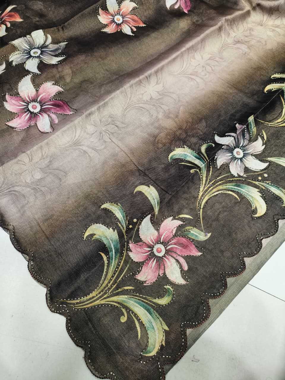 Embroidered fabric with floral designs on a plain background