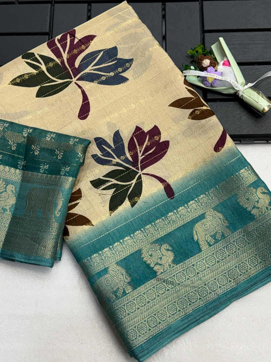 Saree with leaf patterns on a neutral background
