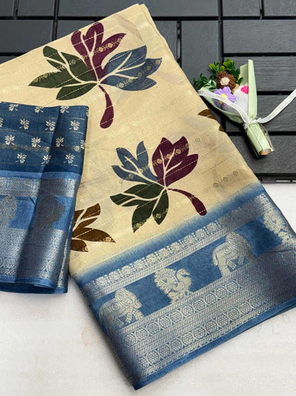 Decorative tablecloth with leaf patterns on a white surface
