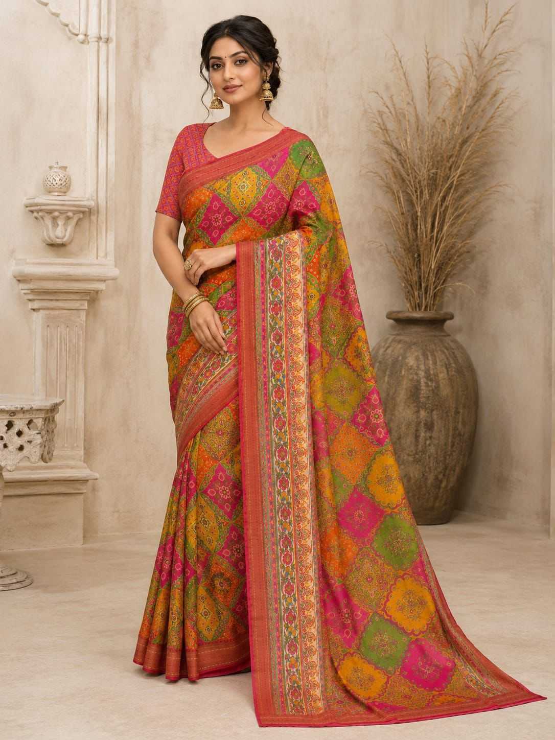 Woman wearing a colorful saree in an indoor setting