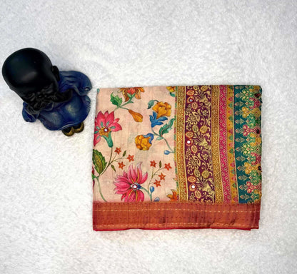 Colorful floral and patterned fabric on a white background