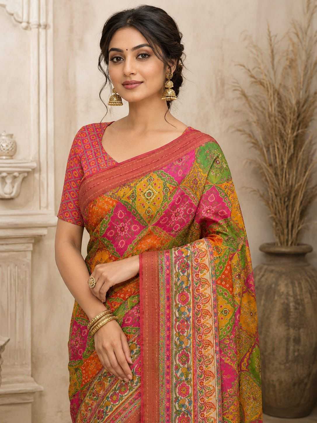 Woman wearing a colorful saree with a patterned design, standing against a neutral background.