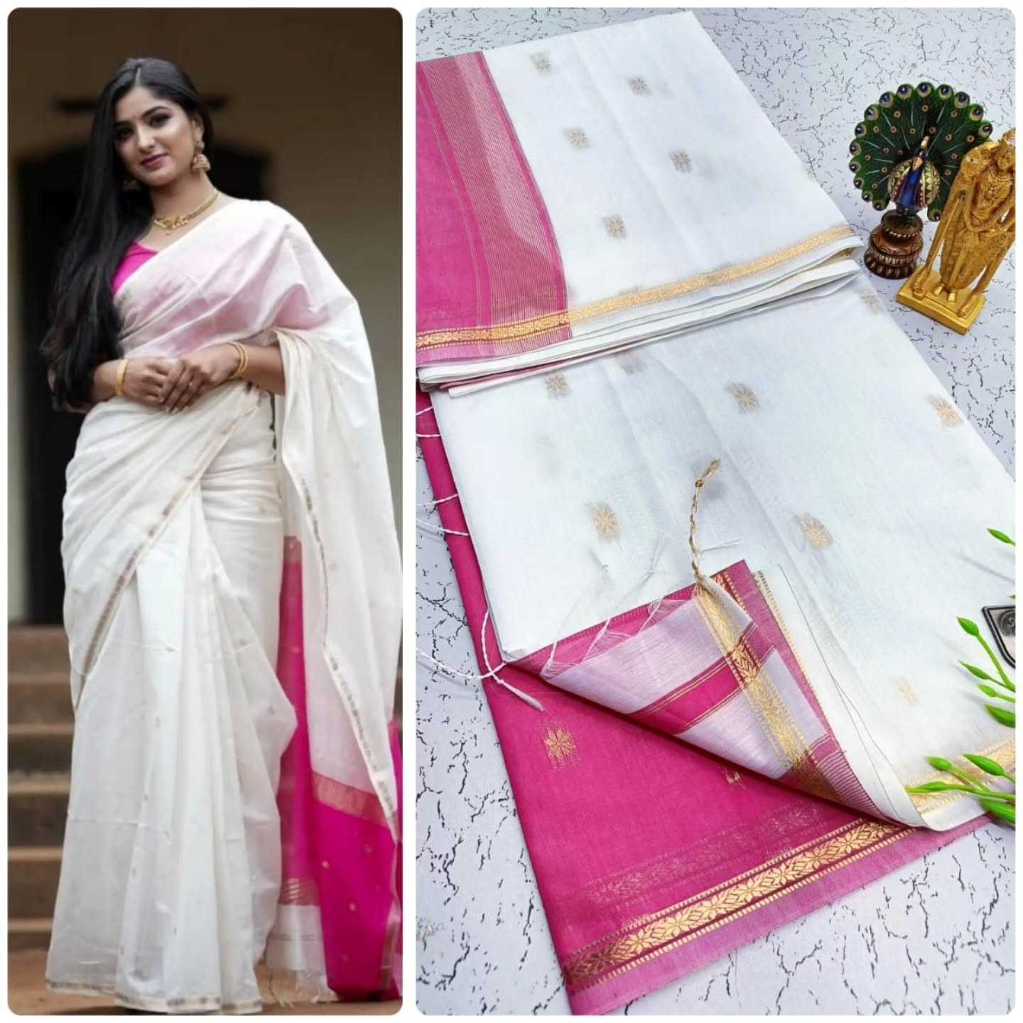 Woman wearing a white saree with pink border and close-up of saree details.
