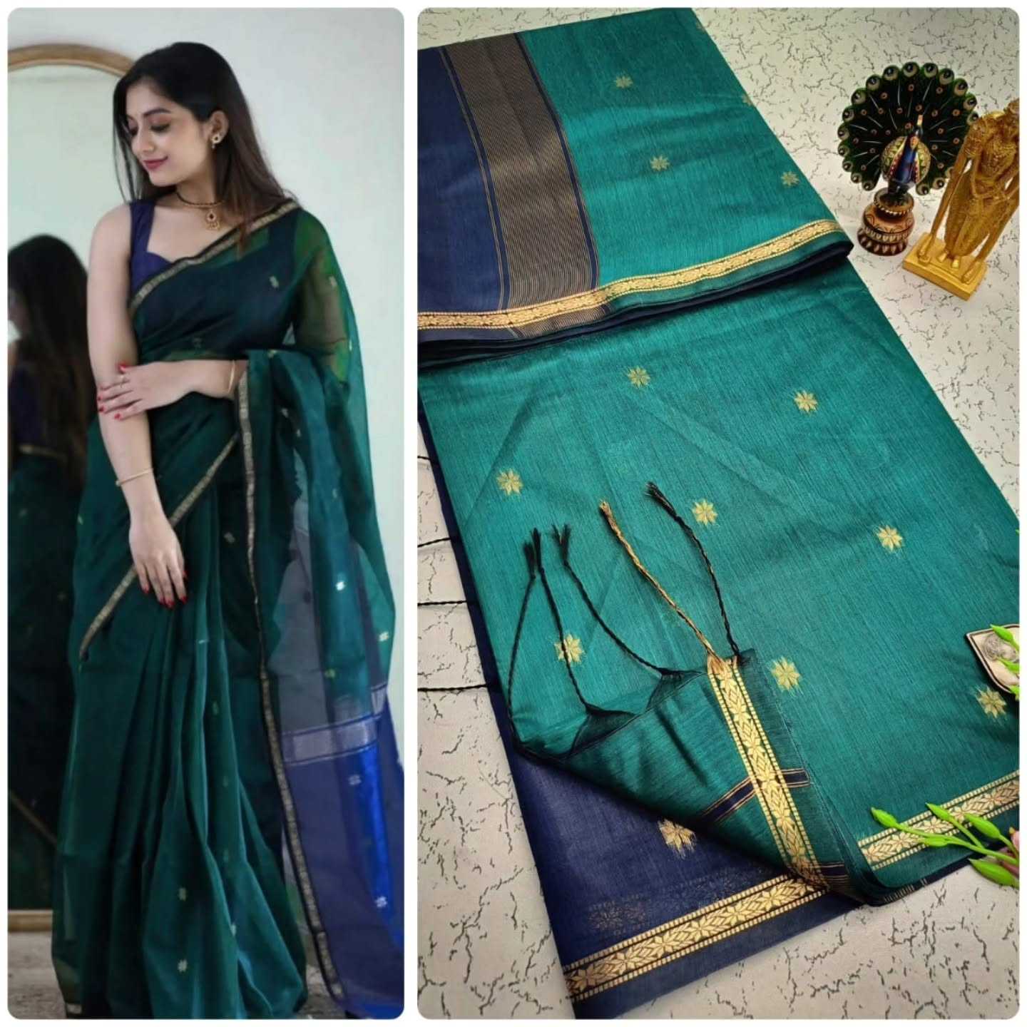 Teal saree with gold border displayed on a white surface, worn by a model.