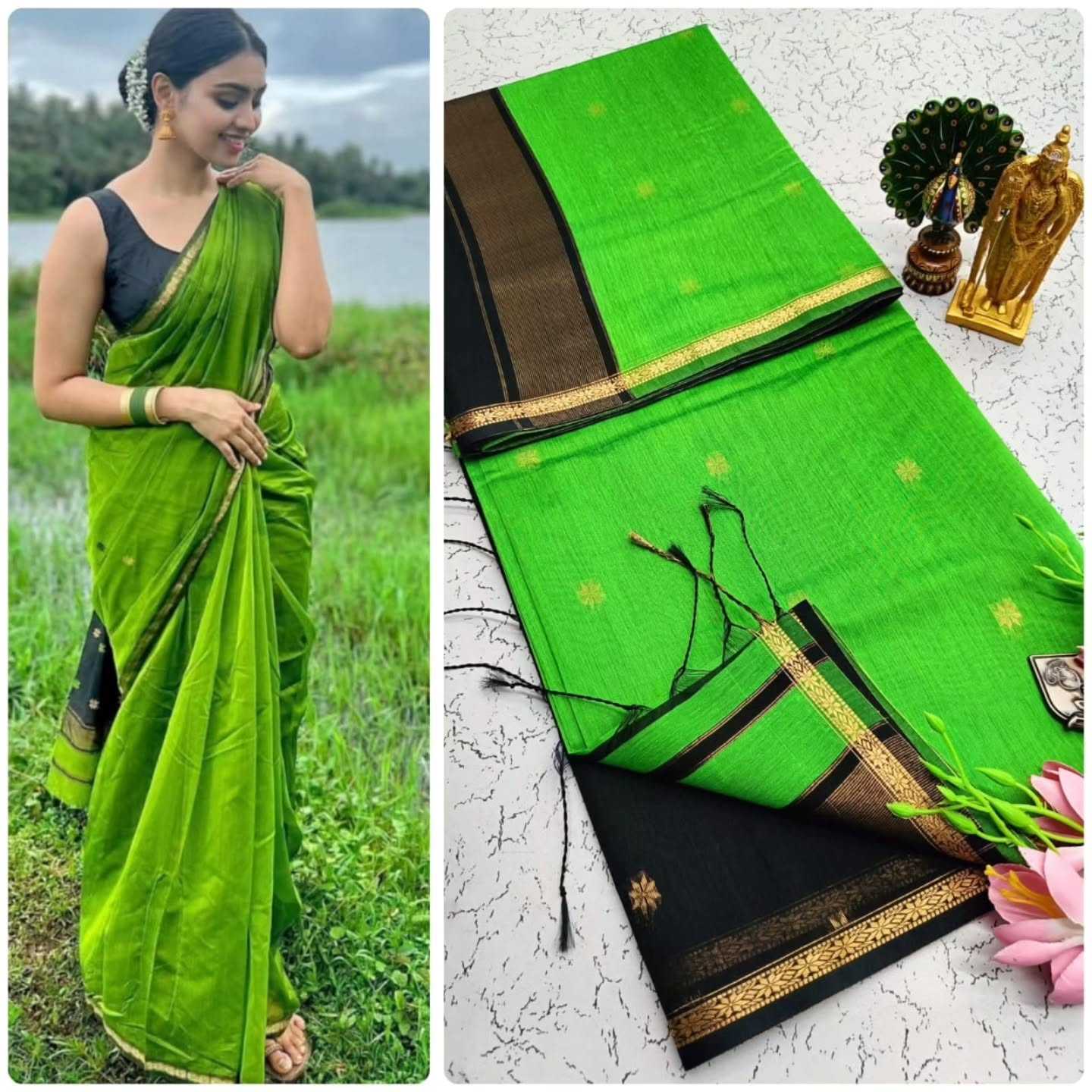 Woman wearing a green saree with black border outdoors, alongside a close-up of the saree on a white background.