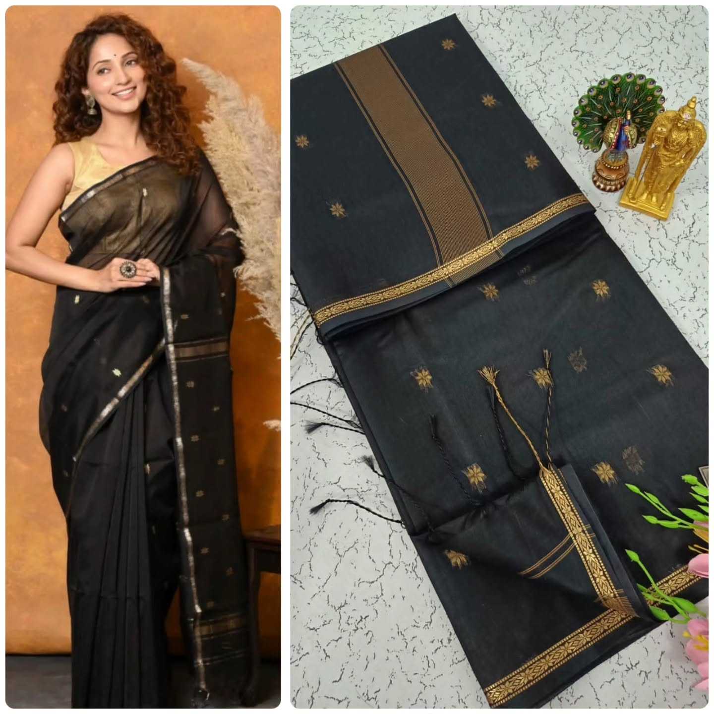 Woman wearing a black saree with gold border and folded saree on a textured surface.