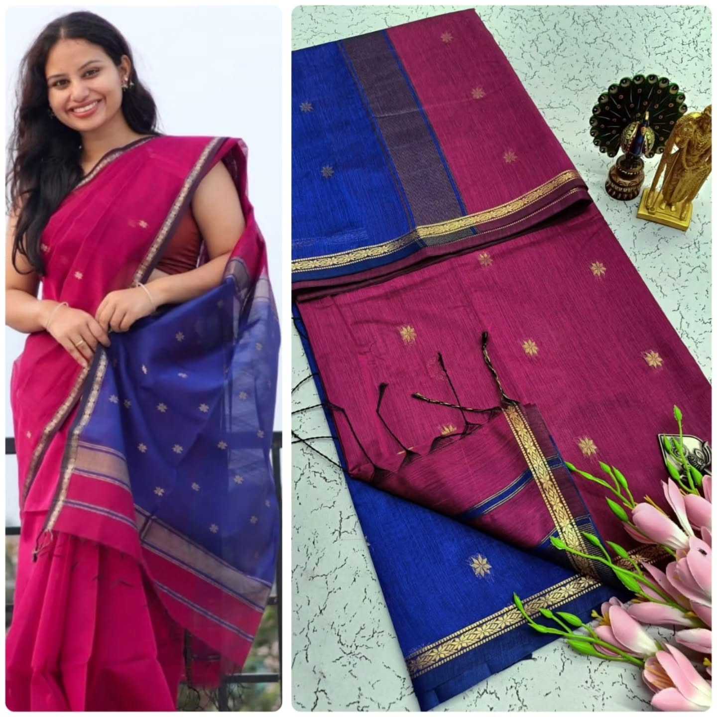 Woman wearing a pink and blue saree with decorative elements on a light green background.