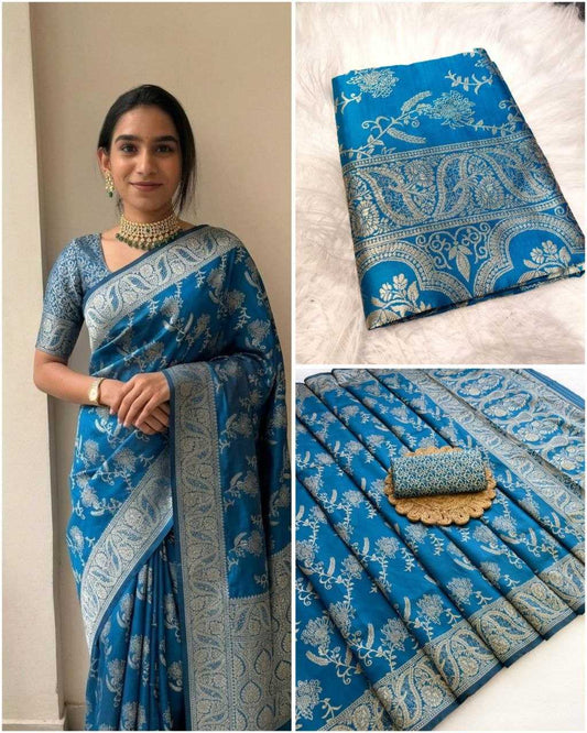 Woman wearing a blue saree with intricate patterns, accompanied by close-up shots of the saree.