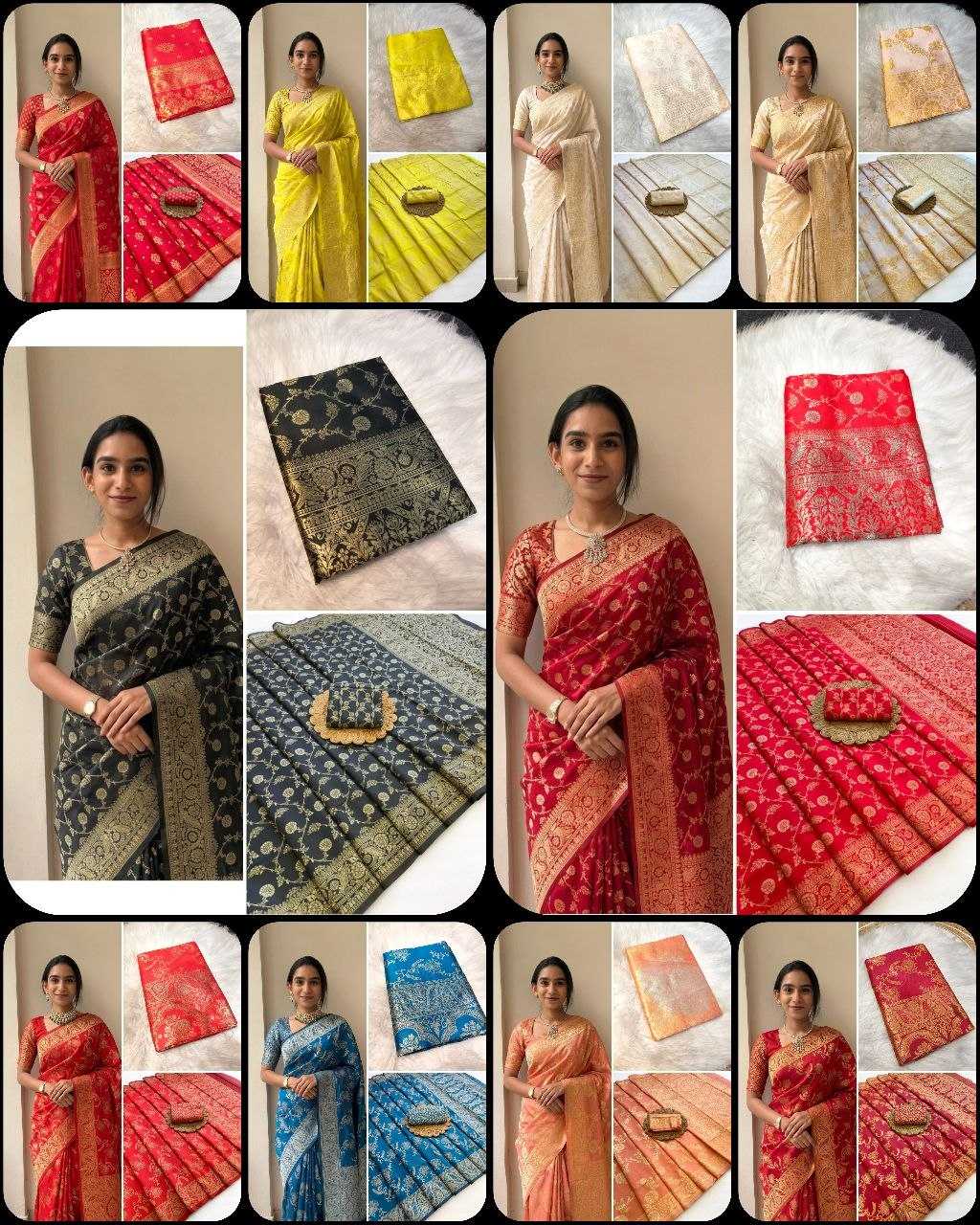 A collage showing multiple models wearing and displaying traditional Indian sarees in different colors, including red, yellow, beige, black, blue, and orange, each shown both worn and laid flat.