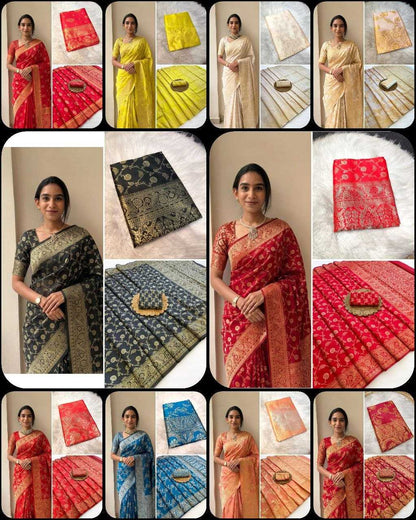 A collage showing multiple models wearing and displaying traditional Indian sarees in different colors, including red, yellow, beige, black, blue, and orange, each shown both worn and laid flat.