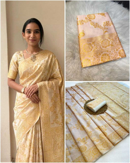 A three-panel collage showing a traditional Indian saree. The left panel shows a woman wearing the saree, which is light beige with golden-yellow floral motifs.