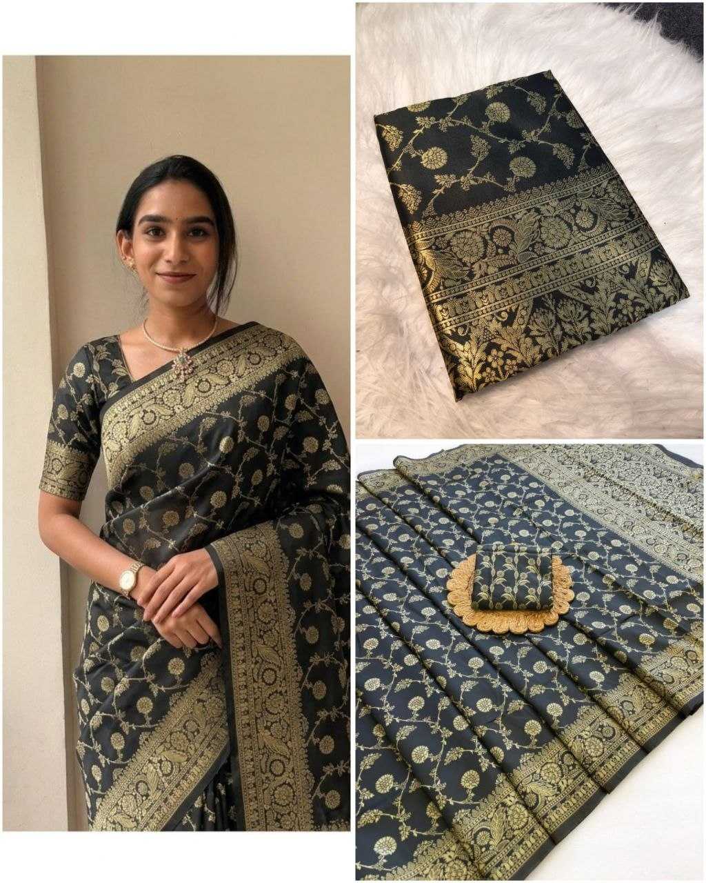 Woman wearing a black and gold saree with close-up details on a white background