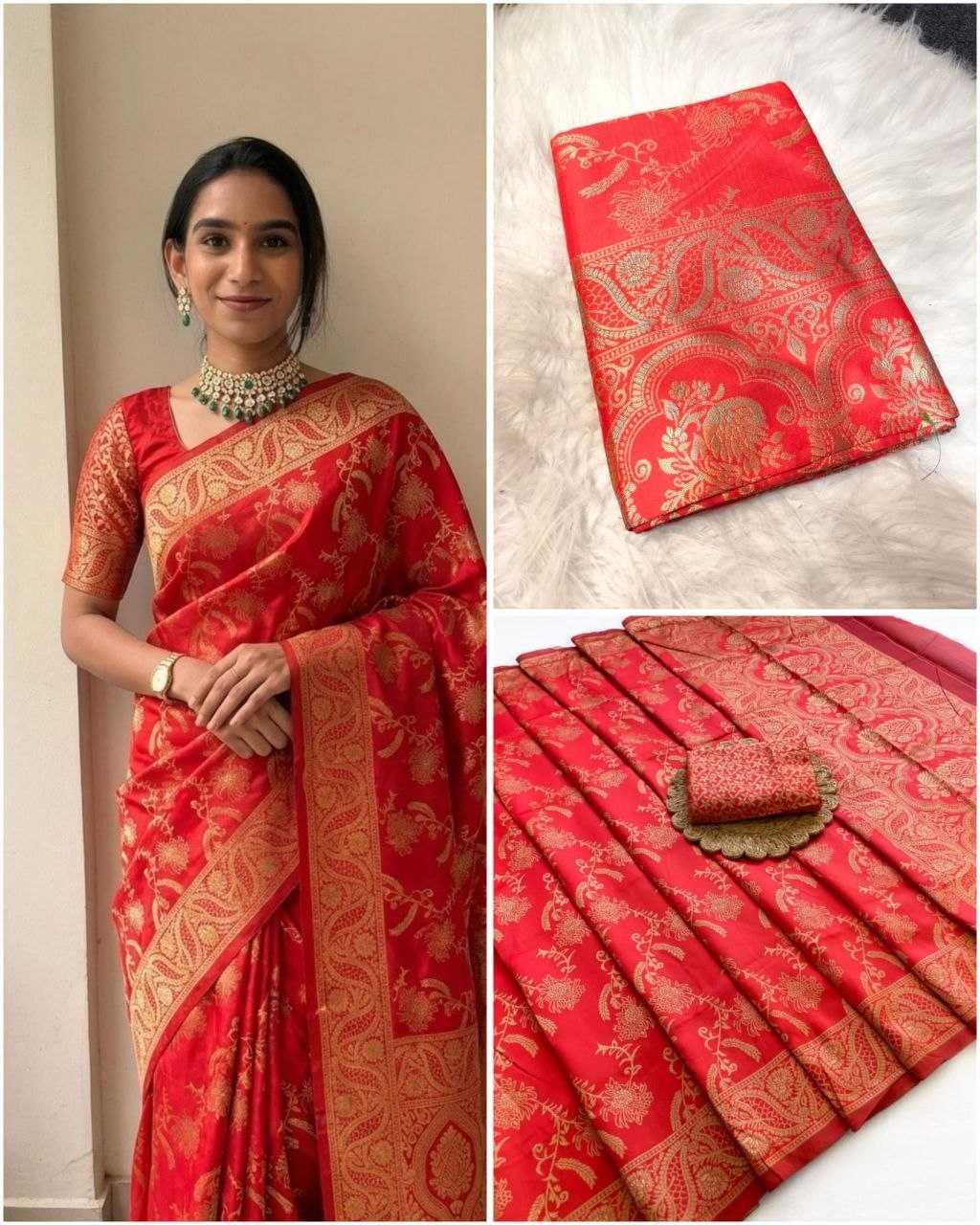 Woman wearing a red saree with gold patterns, accompanied by close-up images of the saree.