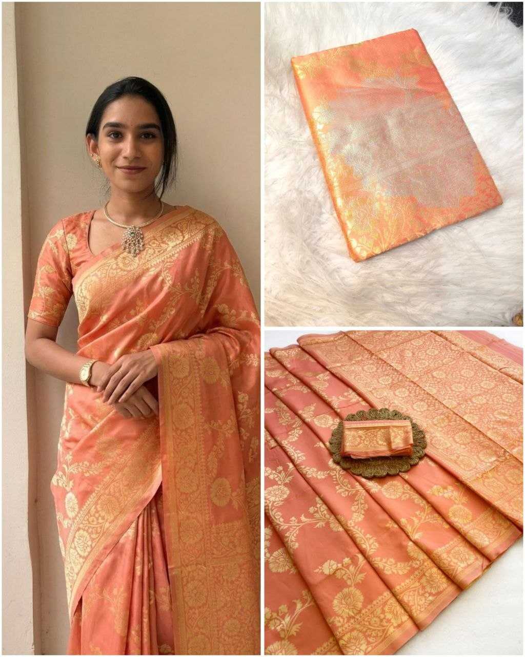 Woman wearing a peach saree with gold patterns, accompanied by close-up images of the saree.