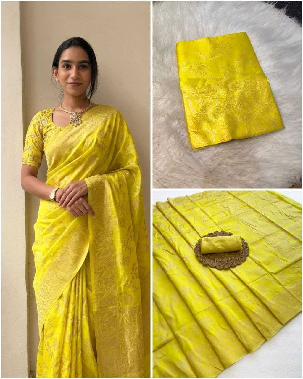 Yellow saree with a woman wearing it, and close-up images of the saree fabric.