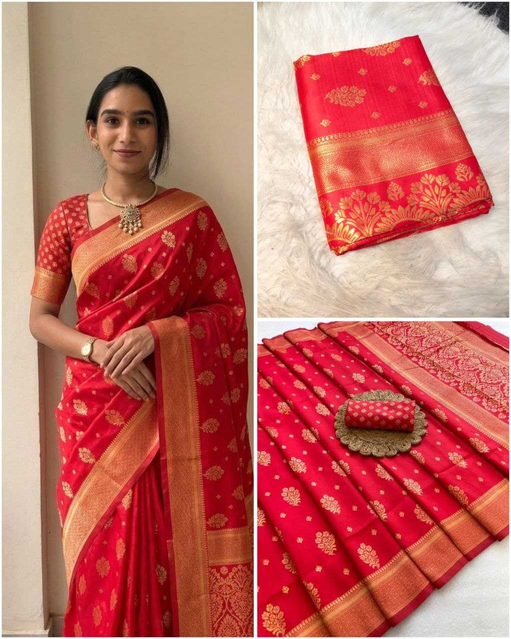 Red saree with gold patterns worn by a woman, displayed on a white surface.