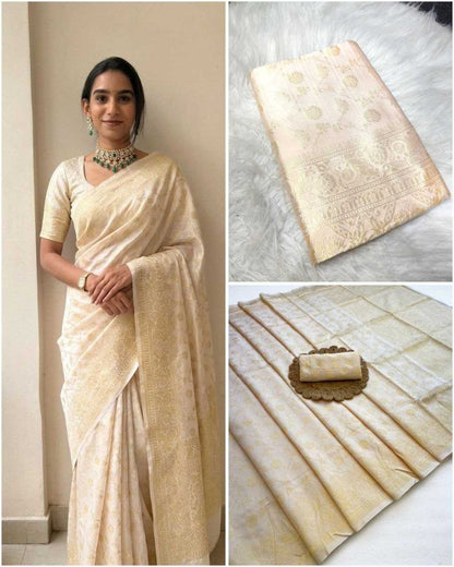 A cream-colored silk saree with subtle gold zari motifs, shown worn by a model on the left and folded/displayed in two detail panels on the right against a white faux fur background.