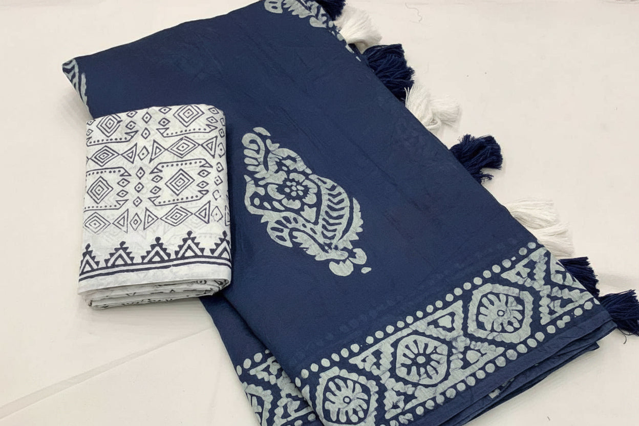 Blue and white patterned saree with blouse on a light background