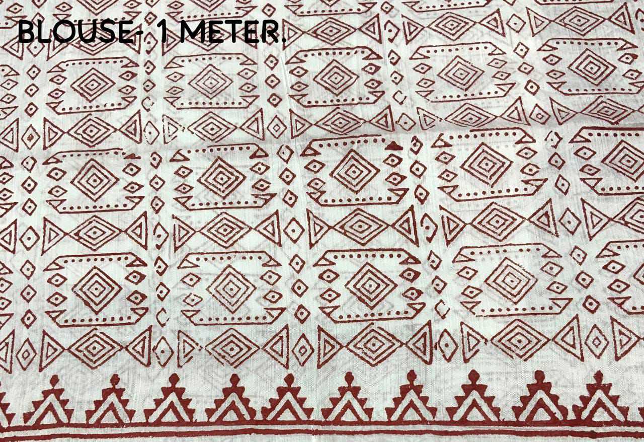 Textile with red geometric pattern on a white background, labeled 'Blouse 1 Meter'.