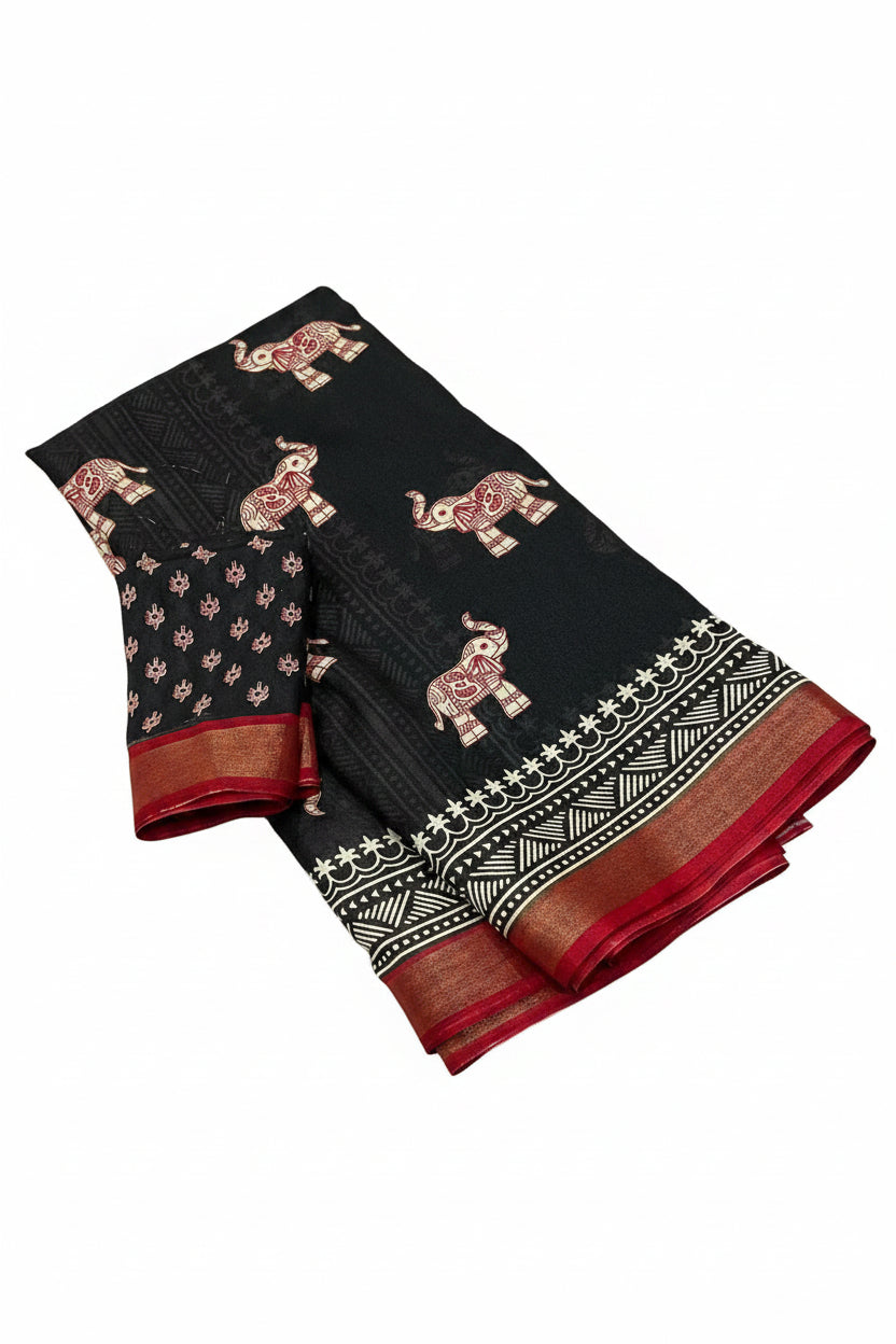 Black cotton saree with elephant patterns on a white background