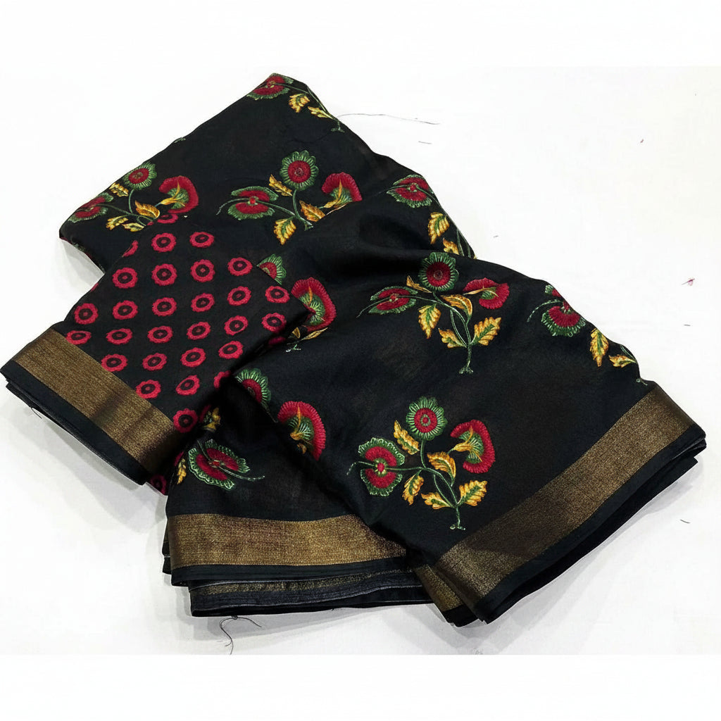 Black cotton crape saree with floral embroidery on a white background