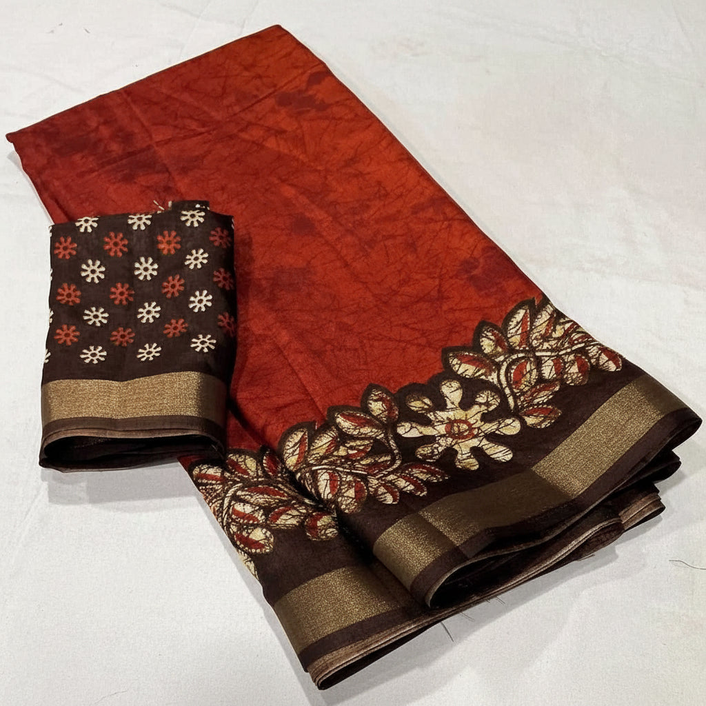 Red and brown saree with floral patterns on a white background
