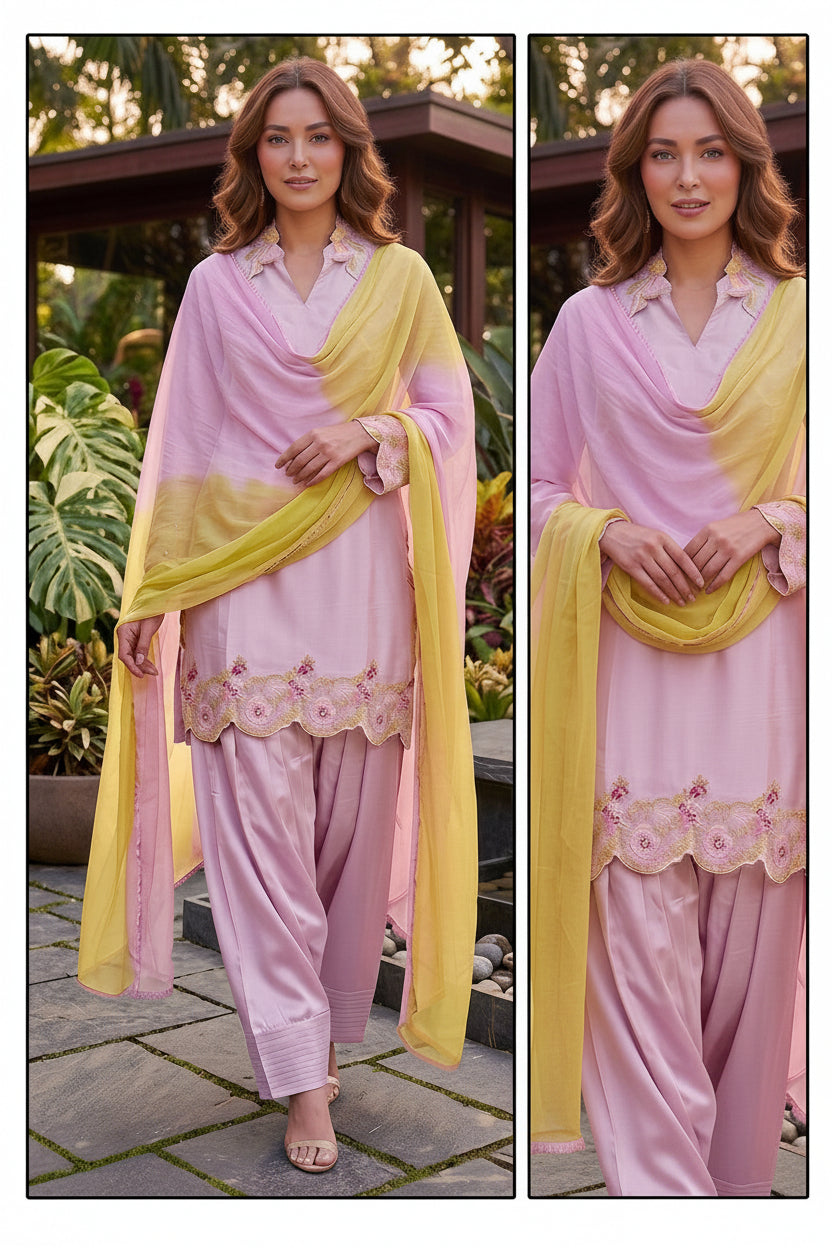 A woman modeling a light pink traditional outfit with a yellow dupatta and matching yellow lower hem detail, shown in a split front-and-back view against an outdoor garden background.
