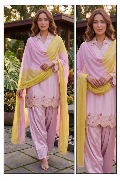 A woman modeling a light pink traditional outfit with a yellow dupatta and matching yellow lower hem detail, shown in a split front-and-back view against an outdoor garden background.
