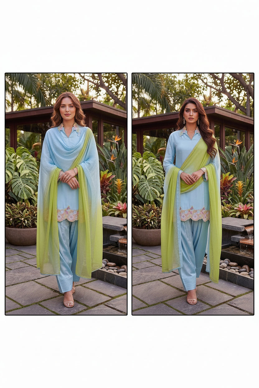 A side-by-side comparison of a woman modeling a light blue three-piece salwar kameez suit with a lime green dupatta in an outdoor garden setting.