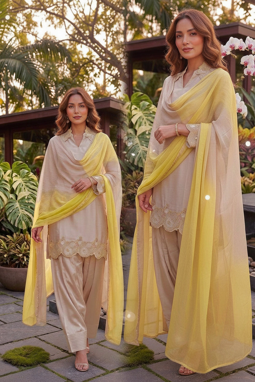A woman models a traditional three-piece salwar kameez suit in beige with a bright yellow dupatta, standing in a garden setting.