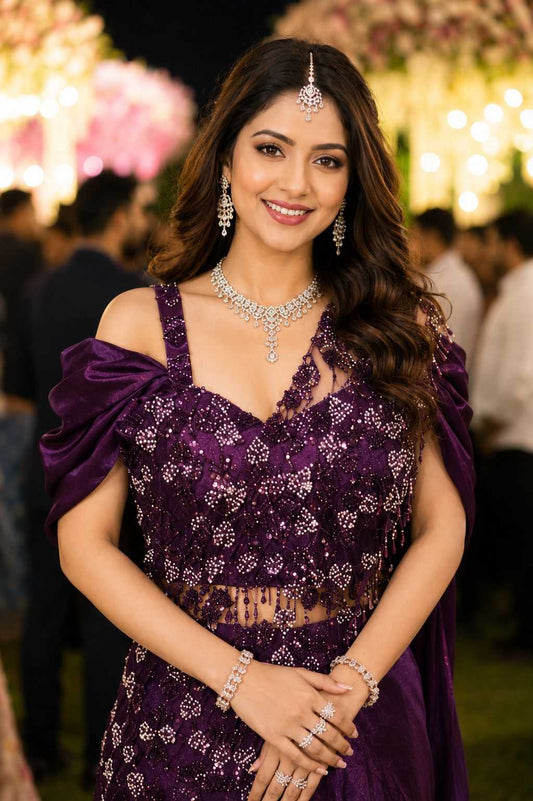 Woman in a purple dress with jewelry at an event