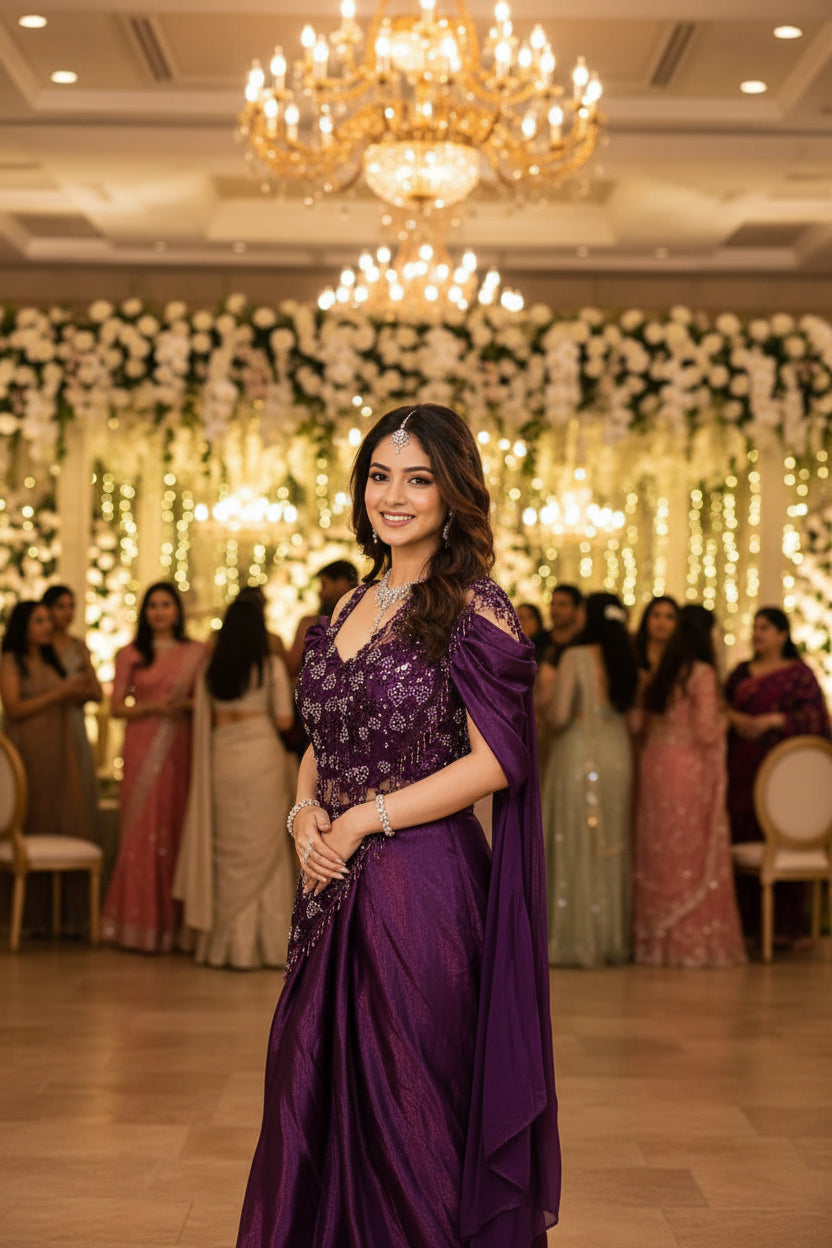 Woman in a purple saree at an event with blurred people and decorations in the background