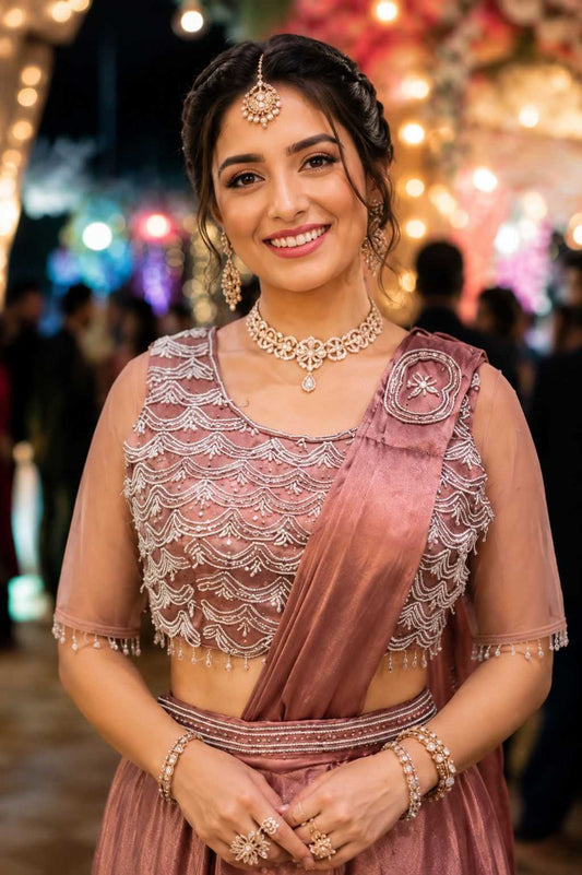 Woman in traditional outfit with jewelry against a festive background