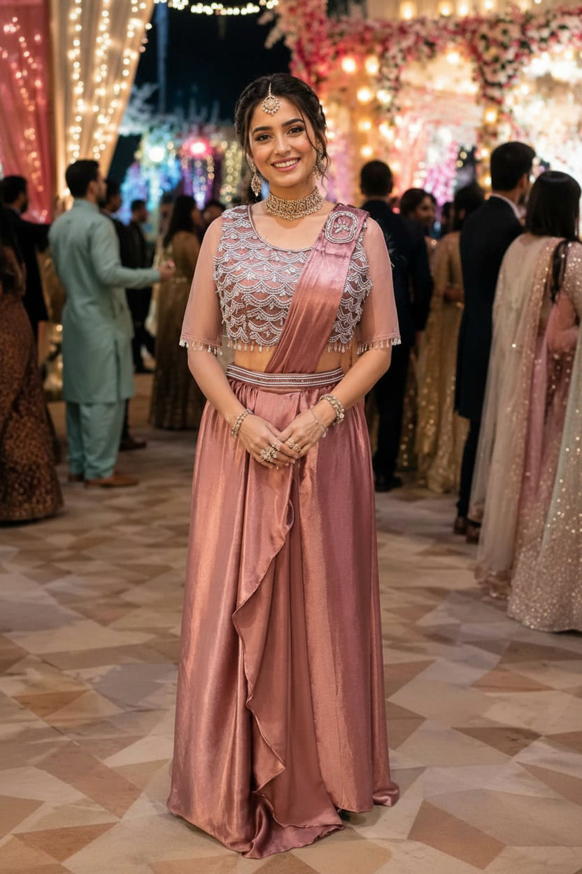 Woman in a pink traditional outfit with intricate designs, standing in a decorated indoor setting.