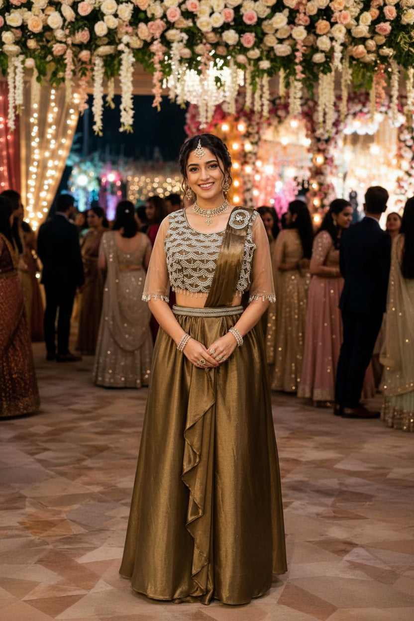 Woman in a traditional outfit at a festive event with decorations and people in the background.