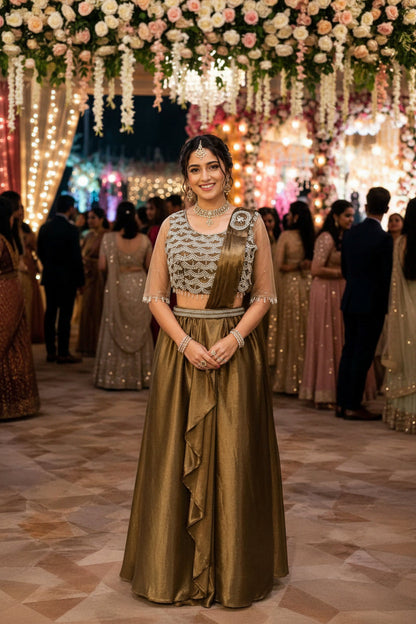 Woman in a traditional outfit at a festive event with decorations and people in the background.