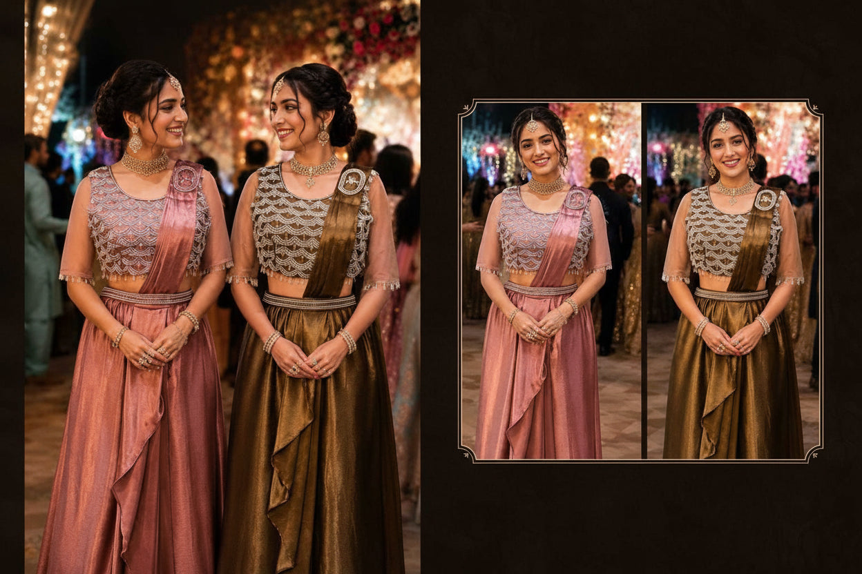 Two women in matching traditional outfits with 'Ruhana' branding on a dark background.