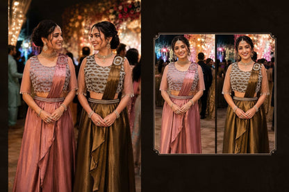 Two women in matching traditional outfits with 'Ruhana' branding on a dark background.